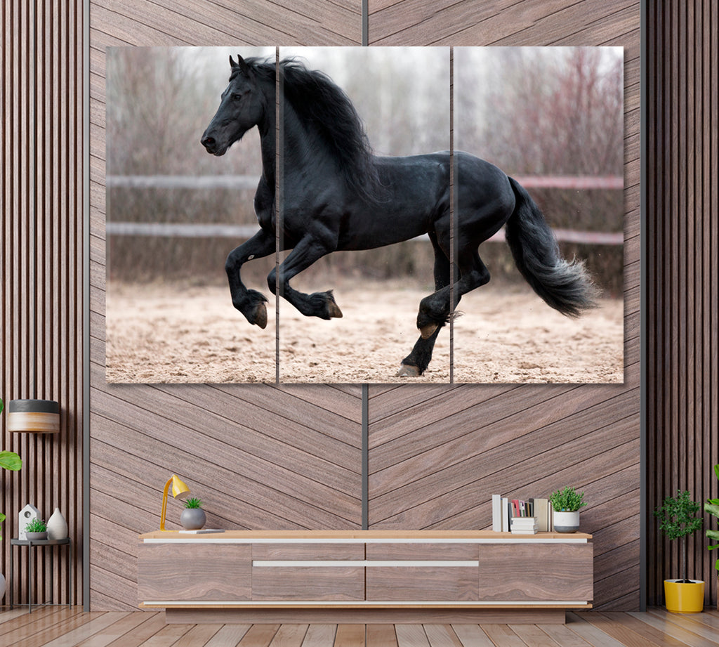 Black Friesian Horse Runs Gallop Canvas Print ArtLexy 3 Panels 36"x24" inches 