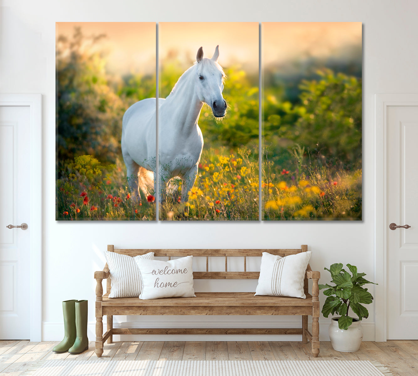 White Horse in Poppy Flowers Canvas Print ArtLexy 3 Panels 36"x24" inches 