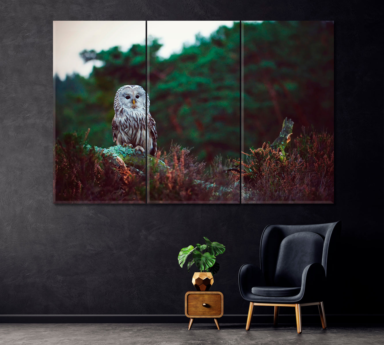 Ural Owl in Forest Canvas Print ArtLexy 3 Panels 36"x24" inches 