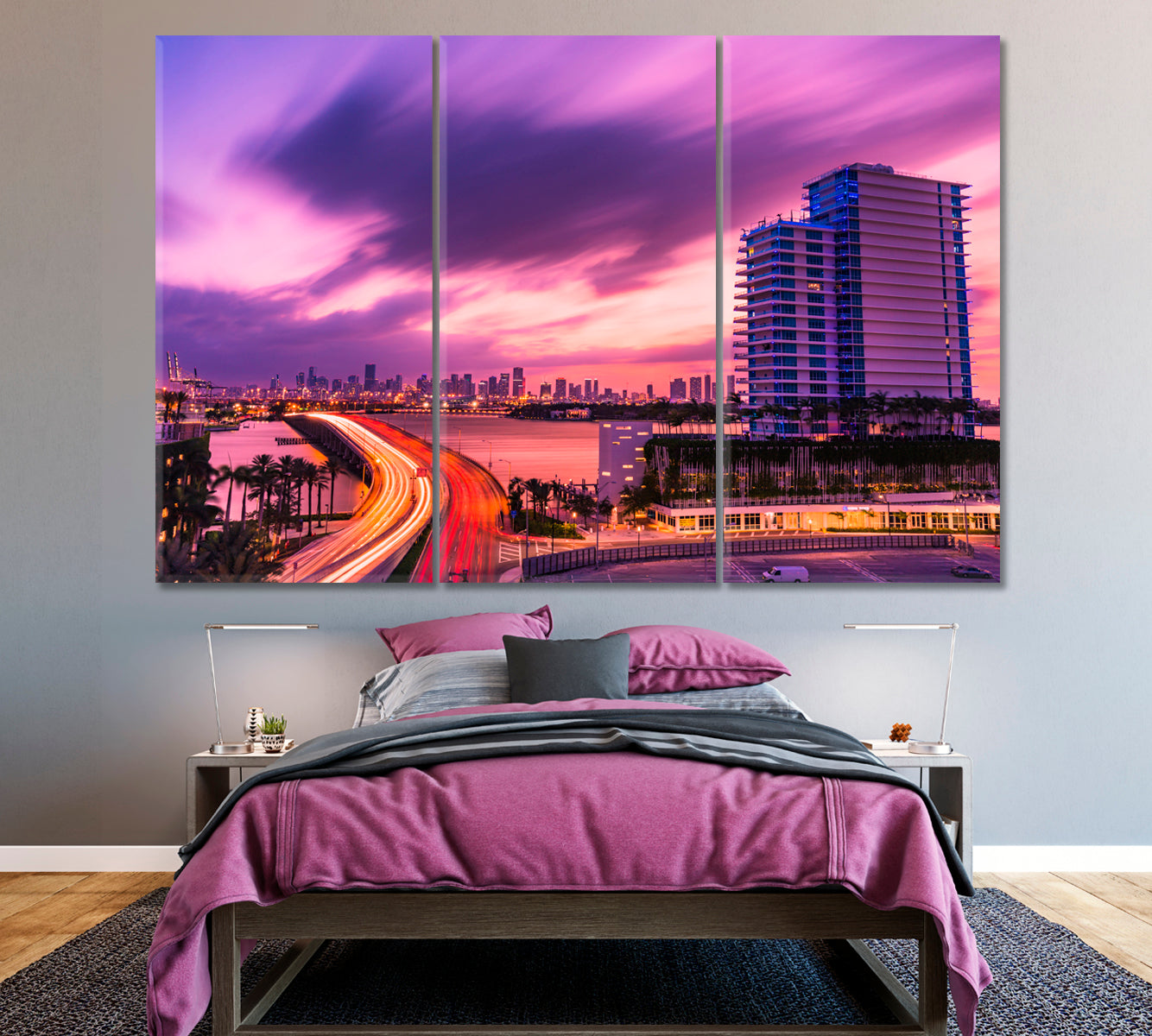 Downtown Miami at Dusk Canvas Print ArtLexy 3 Panels 36"x24" inches 