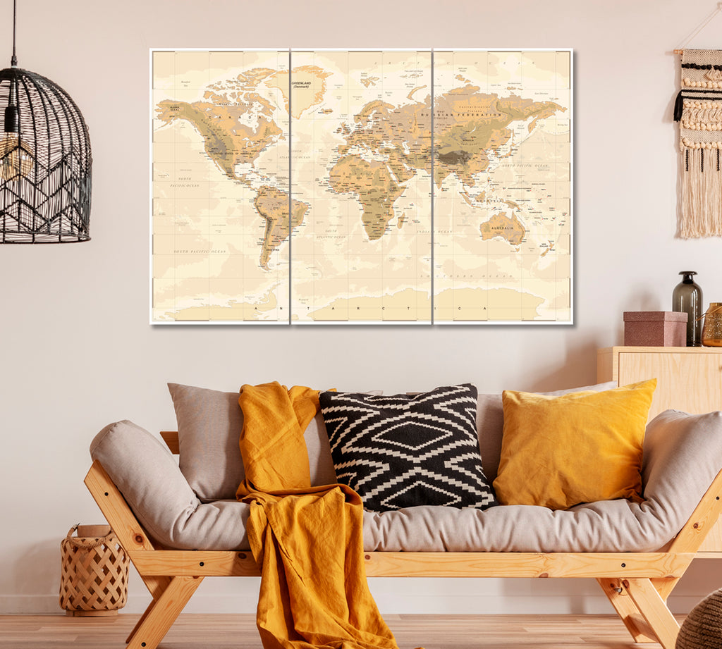 Vintage Physical World Map Canvas Print ArtLexy 3 Panels 36"x24" inches 