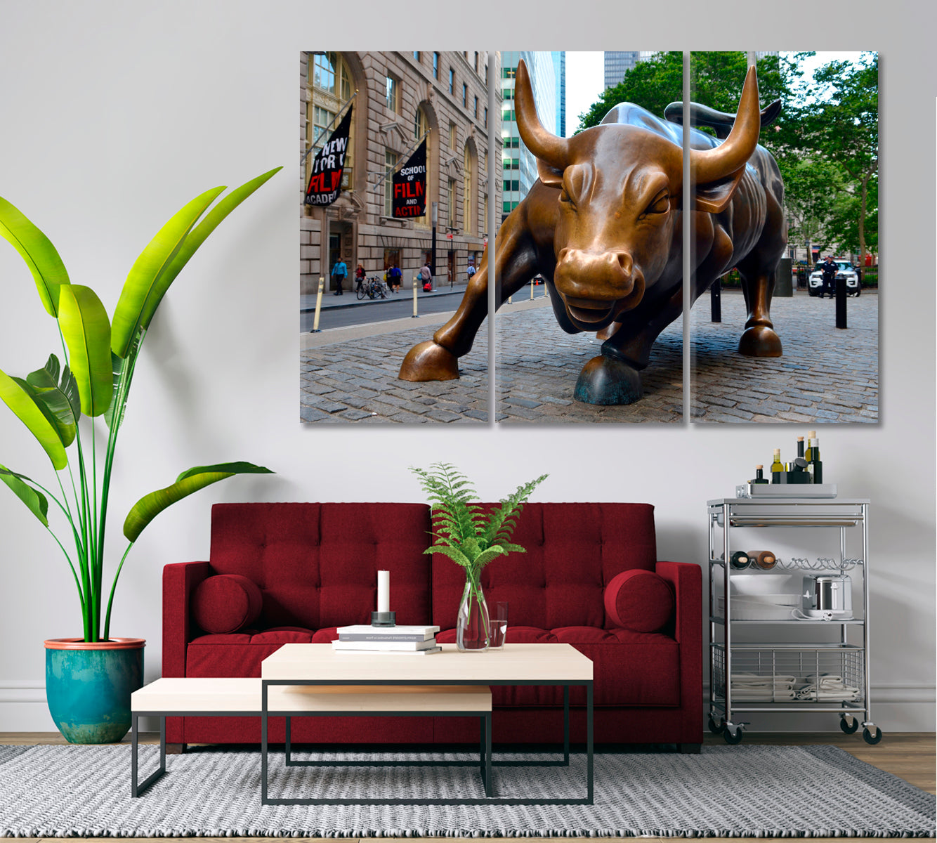 Wall Street Charging Bull Sculpture Canvas Print ArtLexy 3 Panels 36"x24" inches 
