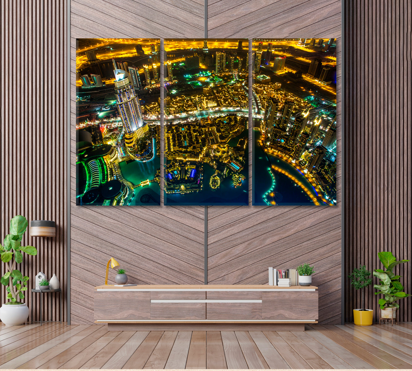 Dubai Downtown with Night City Lights Canvas Print ArtLexy 3 Panels 36"x24" inches 
