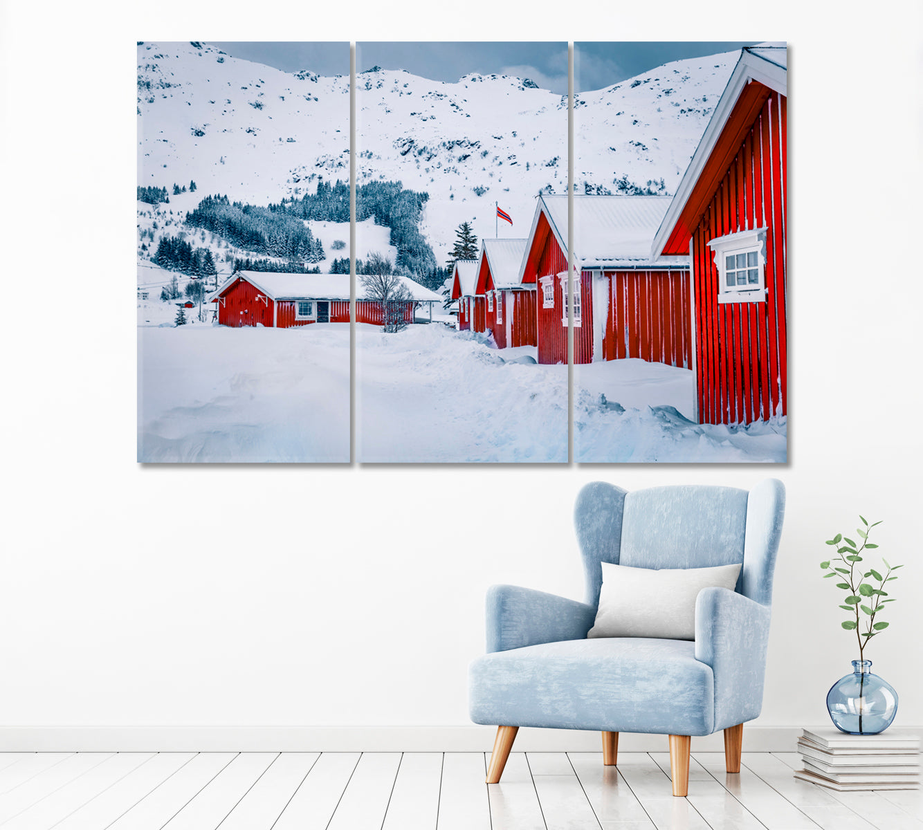 Lofoten Islands with Traditional Norwegian Red Wooden Houses Canvas Print ArtLexy 3 Panels 36"x24" inches 