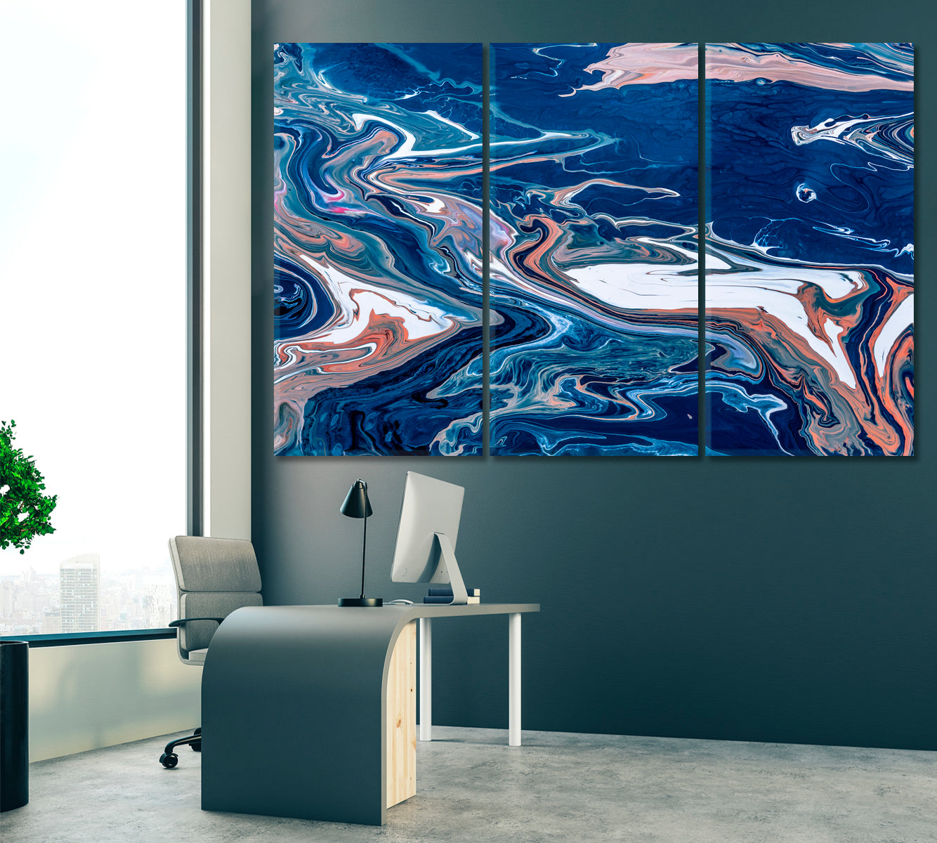 Blue Acrylic Liquid Marble Design Canvas Print ArtLexy 3 Panels 36"x24" inches 
