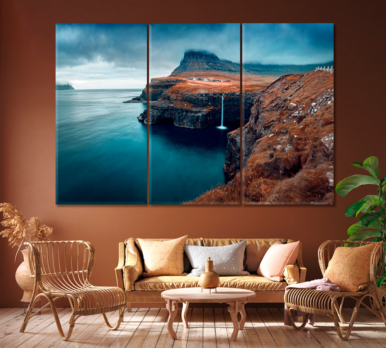 Gasadalur Village with Mulafossur Waterfall in Autumn Faroe Islands Canvas Print ArtLexy 3 Panels 36"x24" inches 