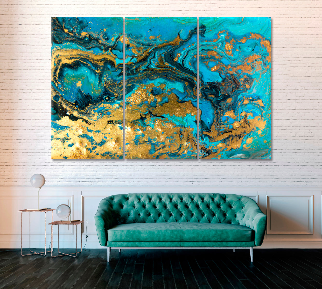Blue and Gold Marbling Pattern Canvas Print ArtLexy 3 Panels 36"x24" inches 