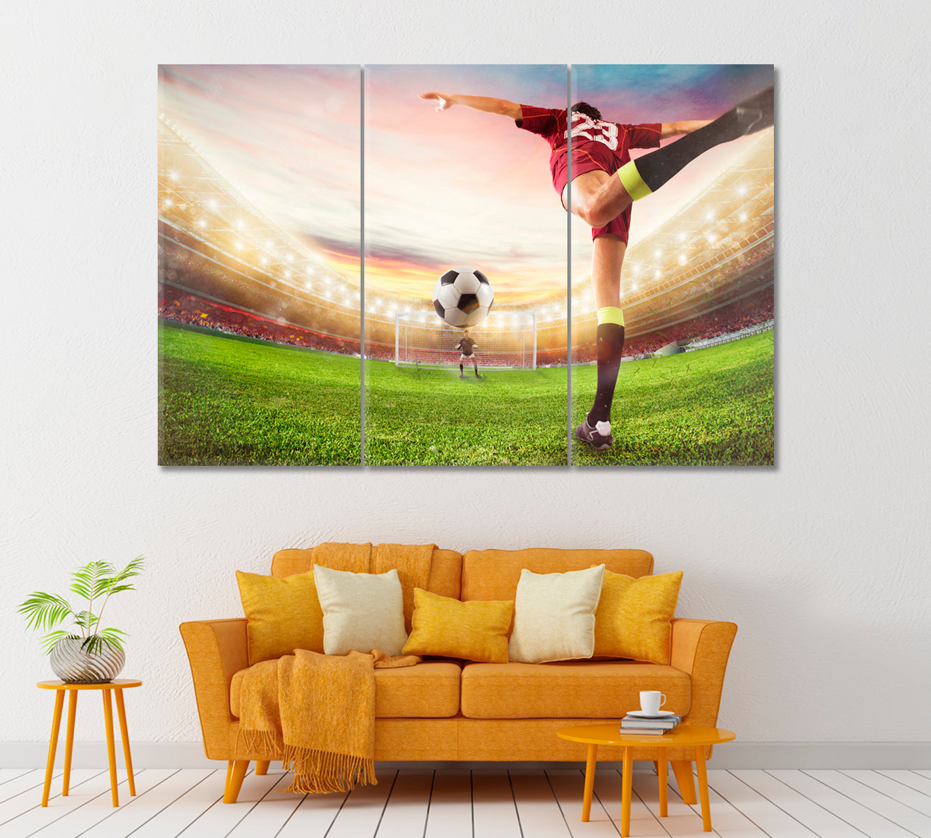 Soccer Striker in Action Canvas Print ArtLexy 3 Panels 36"x24" inches 
