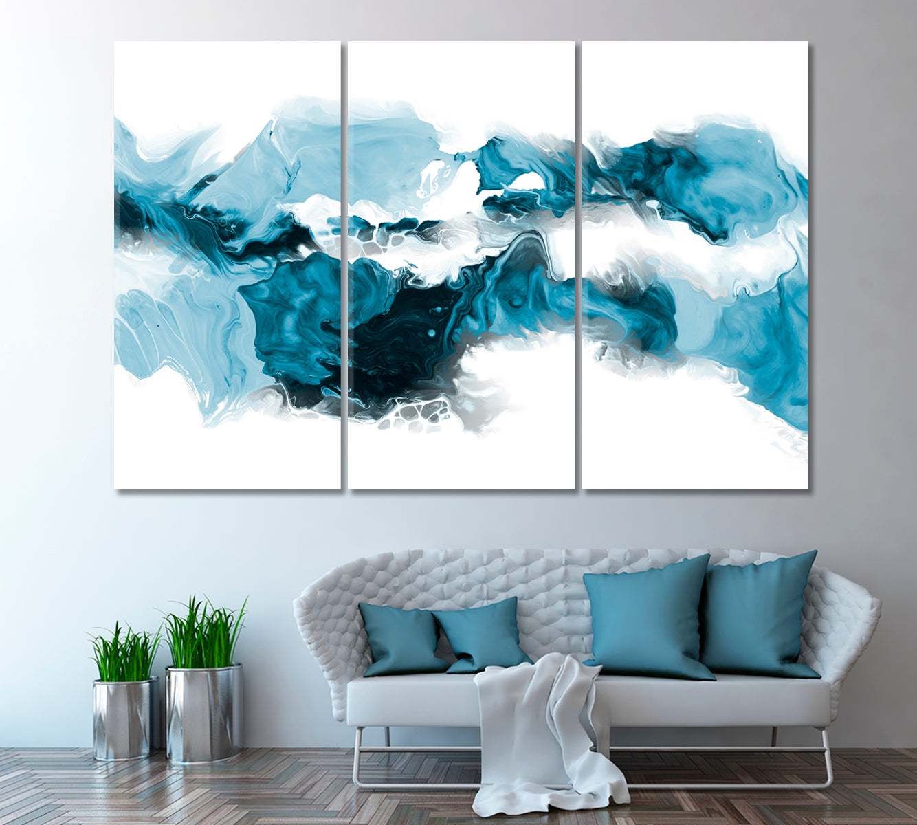 Blue Marble Abstract Splash Canvas Print ArtLexy 3 Panels 36"x24" inches 