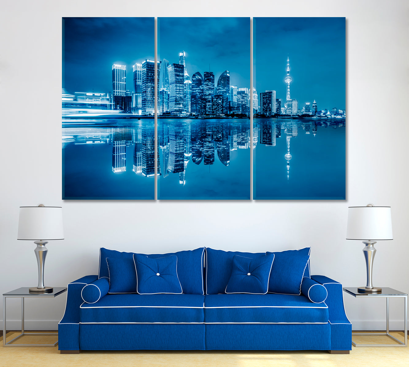 Shanghai Сity Reflection in Huangpu River Canvas Print ArtLexy 3 Panels 36"x24" inches 