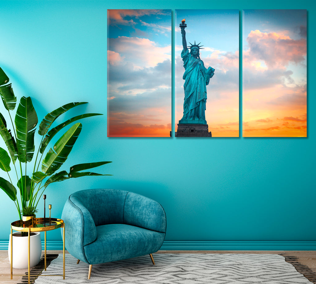 Statue of Liberty with Colorful Sky Canvas Print ArtLexy 3 Panels 36"x24" inches 