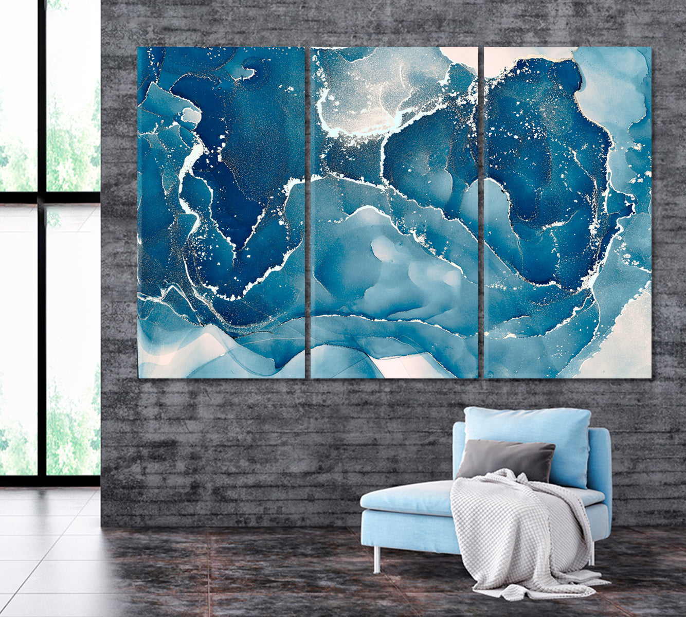 Abstract Blue Marble Pattern Canvas Print ArtLexy 3 Panels 36"x24" inches 