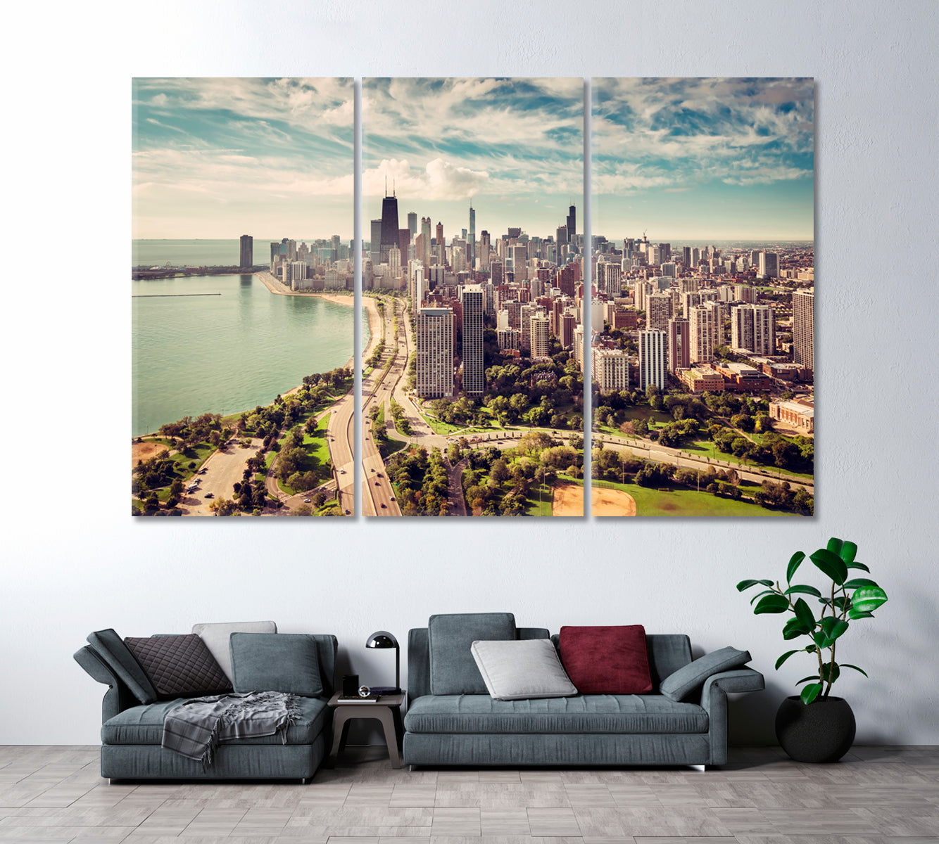Chicago Skyline with Road by the Beach Canvas Print ArtLexy 3 Panels 36"x24" inches 