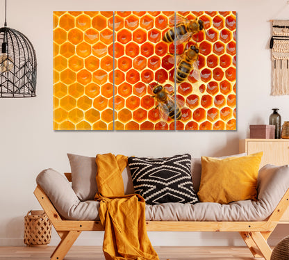Bees on Honeycombs Canvas Print ArtLexy 3 Panels 36"x24" inches 
