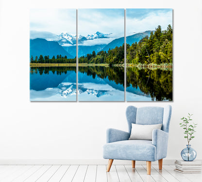 Mountain Landscape Reflection on Lake Matheson New Zealand Canvas Print ArtLexy 3 Panels 36"x24" inches 
