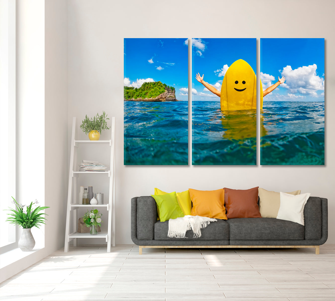 Surfer with Yellow Surfboard Canvas Print ArtLexy 3 Panels 36"x24" inches 