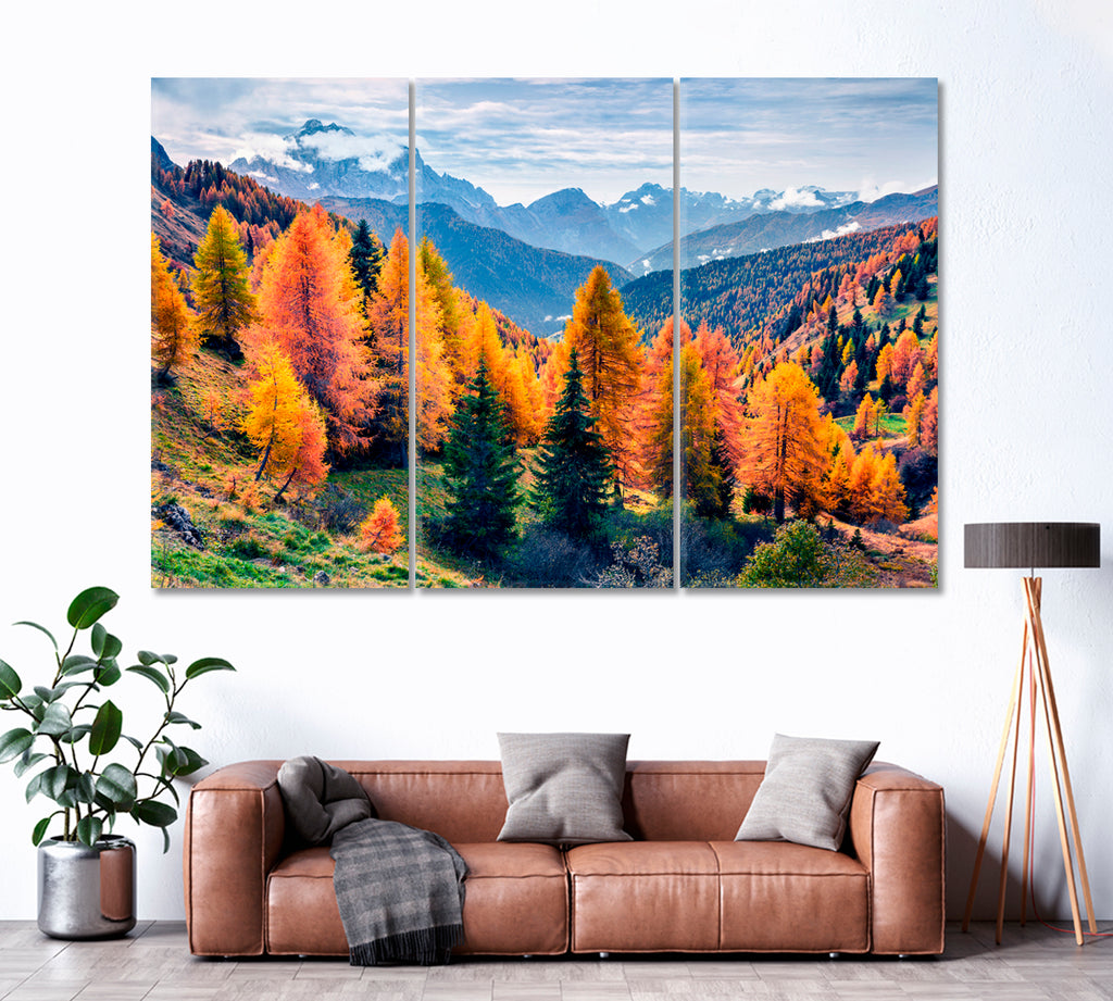 Autumn Forest in Dolomites Alps Italy Canvas Print ArtLexy 3 Panels 36"x24" inches 