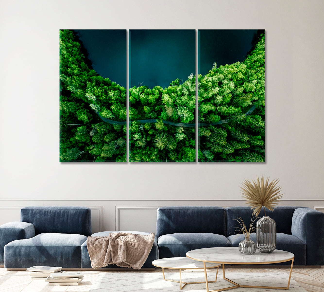 Country Road Between Green Forest and Blue Lake in Finland Canvas Print ArtLexy 3 Panels 36"x24" inches 