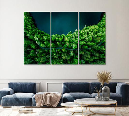 Country Road Between Green Forest and Blue Lake in Finland Canvas Print ArtLexy 3 Panels 36"x24" inches 