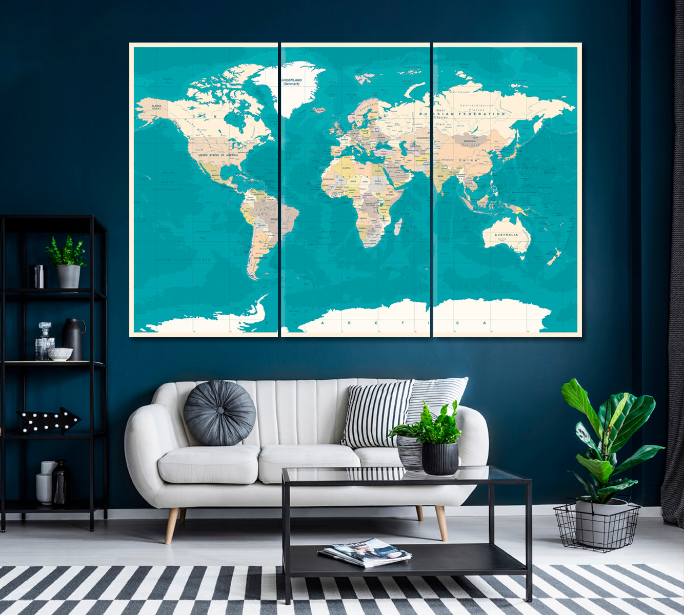Political World Map Canvas Print ArtLexy 3 Panels 36"x24" inches 