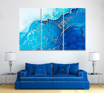 Abstract Blue Liquid Marble Spots Canvas Print ArtLexy 3 Panels 36"x24" inches 