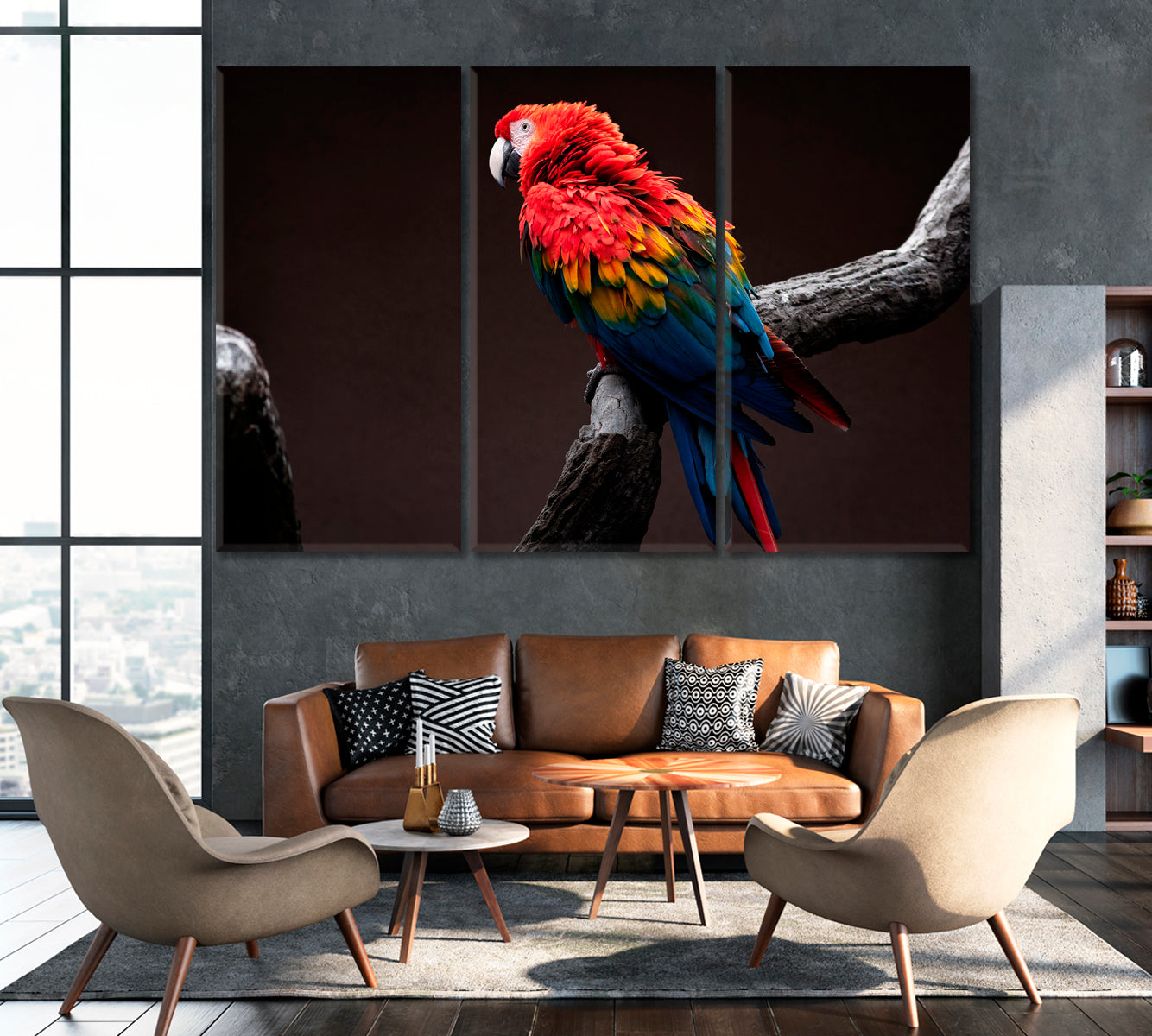 Red and Green Macaw Parrot Canvas Print ArtLexy 3 Panels 36"x24" inches 