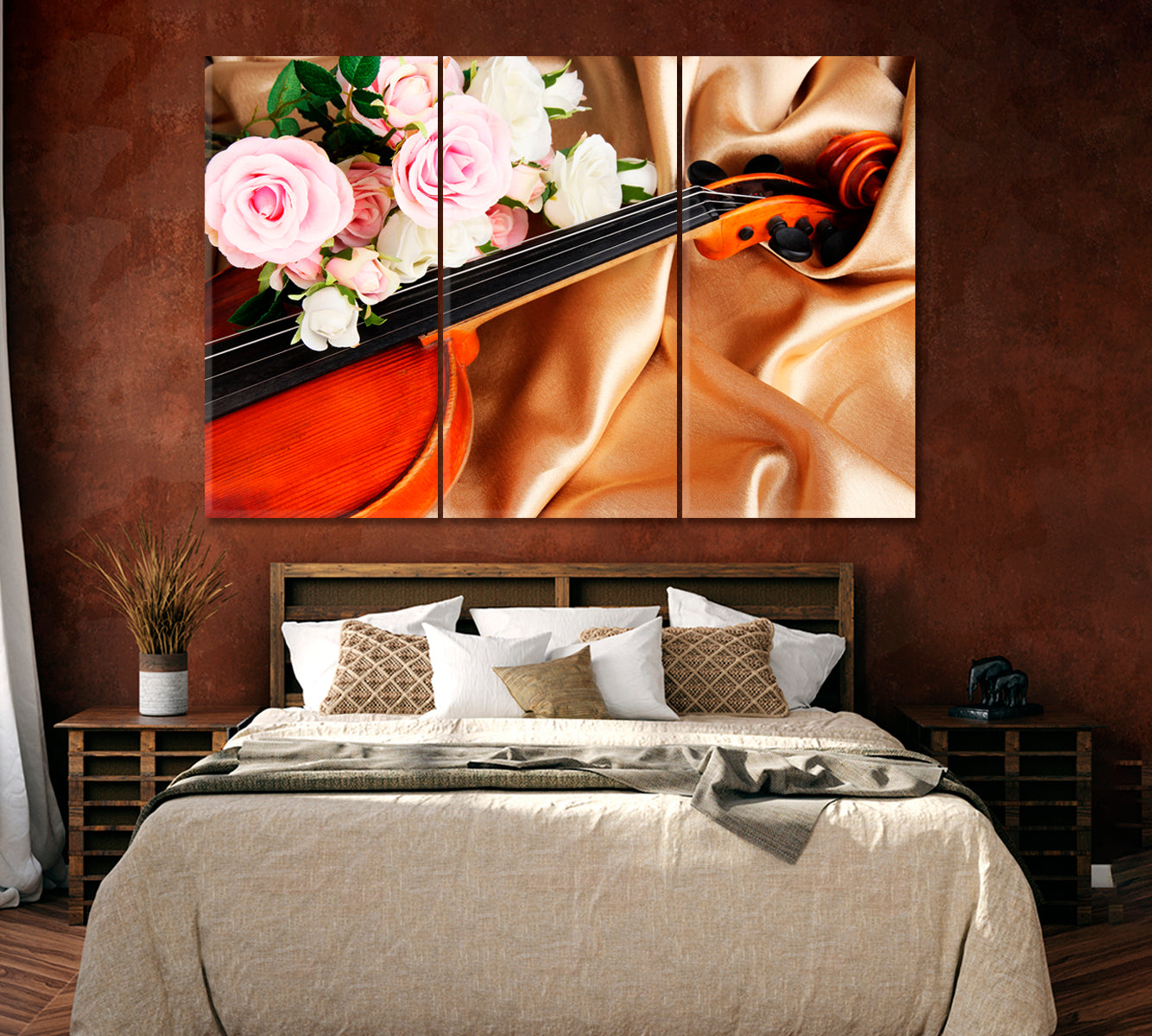 Classical Violin with Flowers Canvas Print ArtLexy 3 Panels 36"x24" inches 