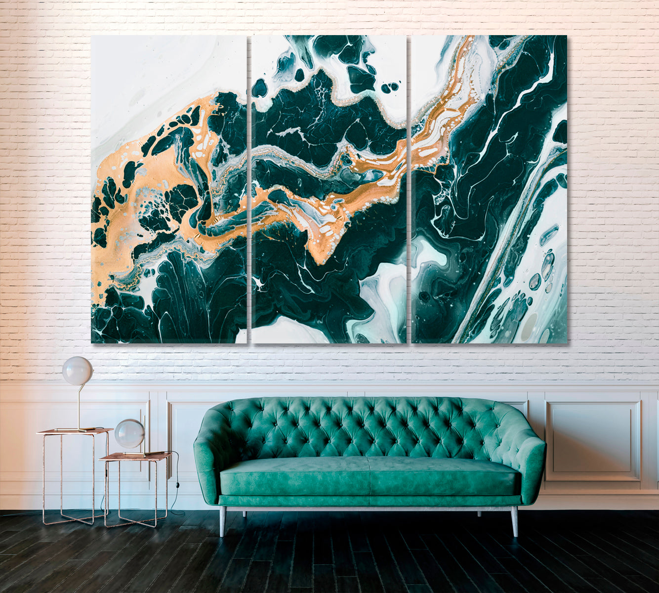 Liquid Green Abstract Wavy Marble Canvas Print ArtLexy 3 Panels 36"x24" inches 