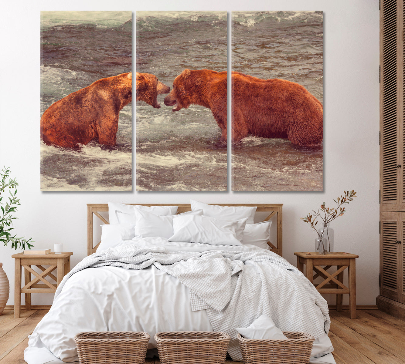 Grizzly Bears Hunting Salmon at Brooks Falls Alaska Canvas Print ArtLexy 3 Panels 36"x24" inches 
