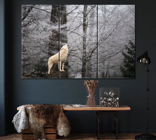 Wolf Howling in Winter Forest Canvas Print ArtLexy 3 Panels 36"x24" inches 
