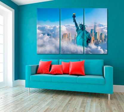 New York City with Statue of Liberty in Clouds Canvas Print ArtLexy 3 Panels 36"x24" inches 