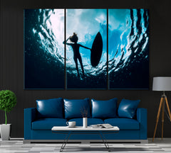 Surfer Woman Silhouette with Surfboard Canvas Print ArtLexy 3 Panels 36"x24" inches 