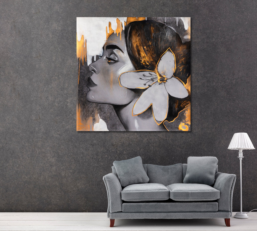 Beautiful Woman Portrait in Gold and Gray Canvas Print ArtLexy   