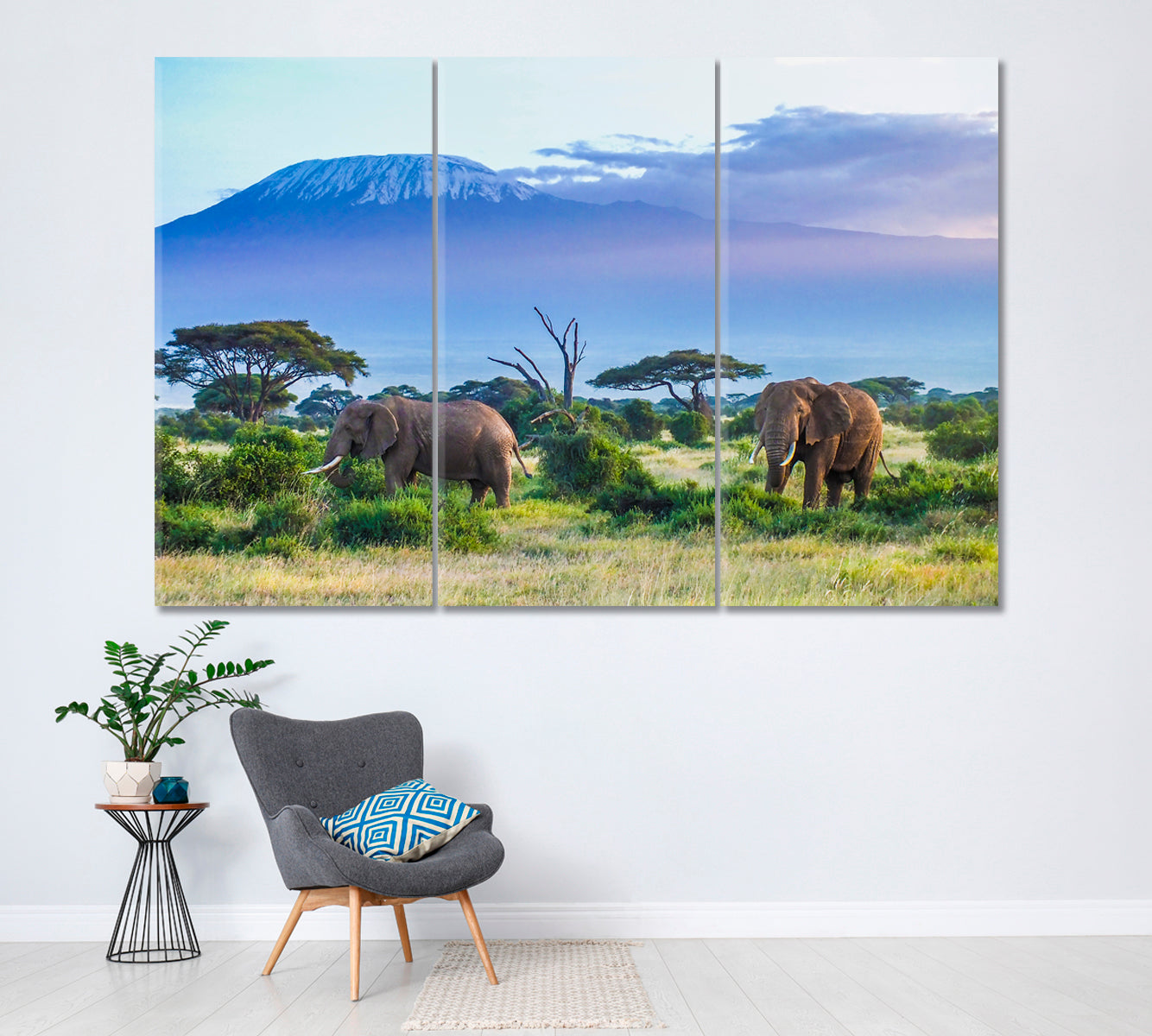 Elephants in Mount Kilimanjaro National Park Tanzania Canvas Print ArtLexy 3 Panels 36"x24" inches 