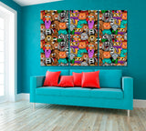 Cartoon Cats and Dogs Canvas Print ArtLexy 3 Panels 36"x24" inches 
