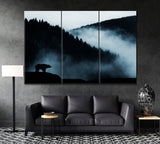 Misty Mountain Landscape with Forest and Bear Silhouette Canvas Print ArtLexy 3 Panels 36"x24" inches 