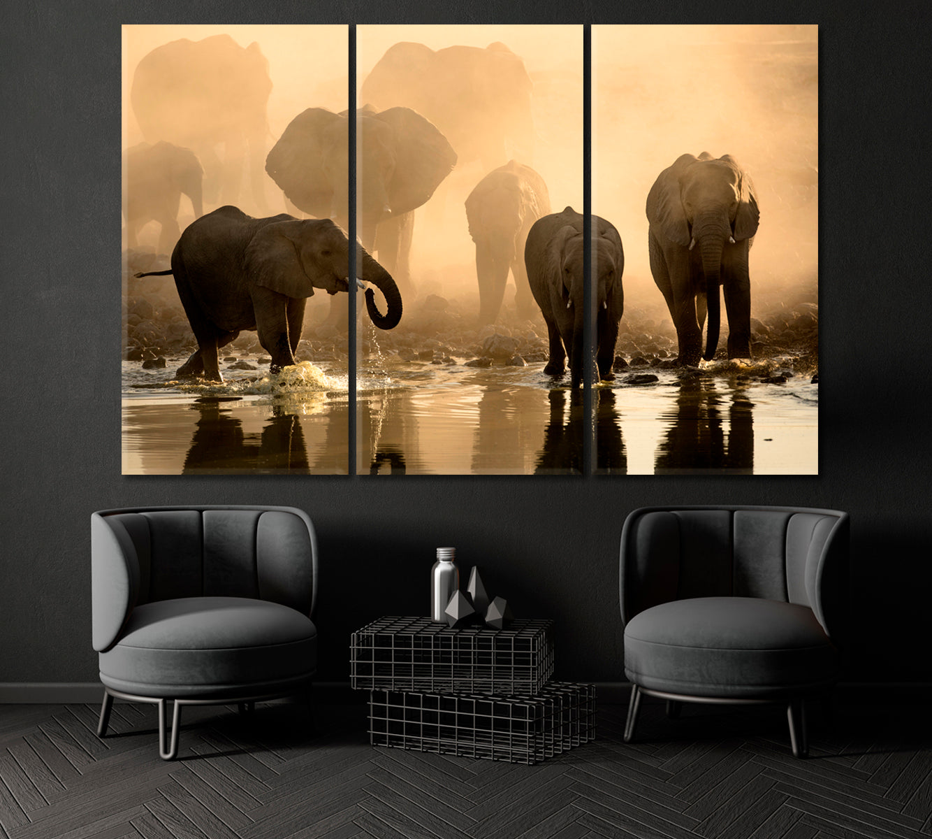 Elephant Herd Africa Canvas Print ArtLexy 3 Panels 36"x24" inches 