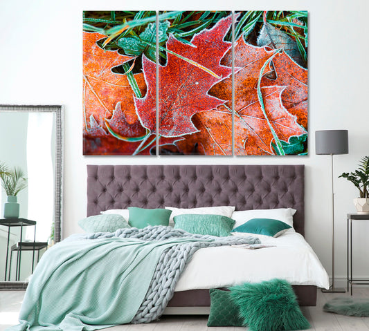 Beautiful Frosty Leaves Canvas Print ArtLexy 3 Panels 36"x24" inches 