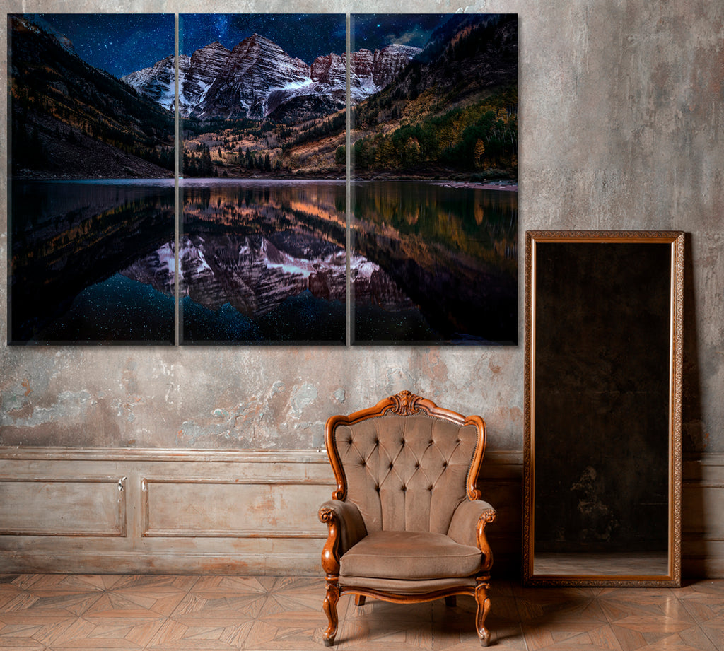 Mountain Maroon Bells at Night Colorado Canvas Print ArtLexy 3 Panels 36"x24" inches 