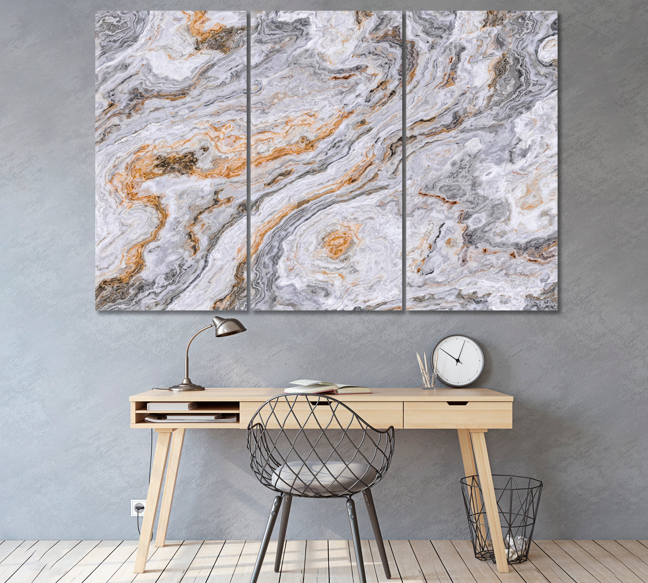 Curly Grey and Golden Marble Canvas Print ArtLexy 3 Panels 36"x24" inches 