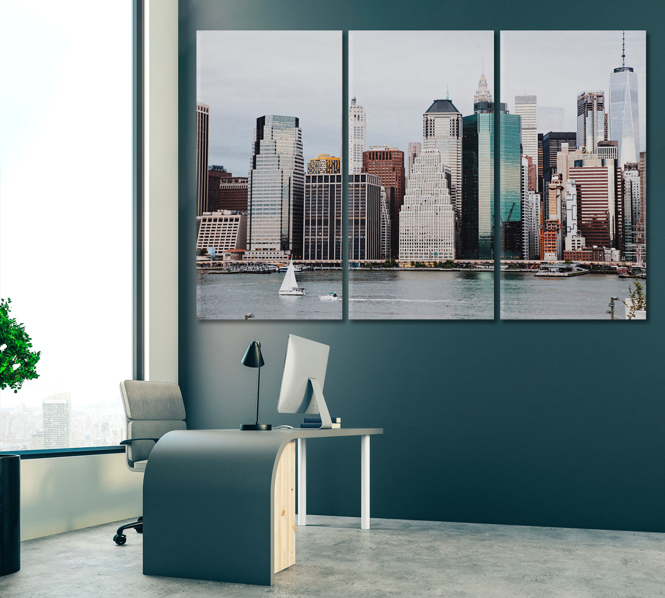 Manhattan Skyline from Brooklyn Bridge Park Canvas Print ArtLexy 3 Panels 36"x24" inches 