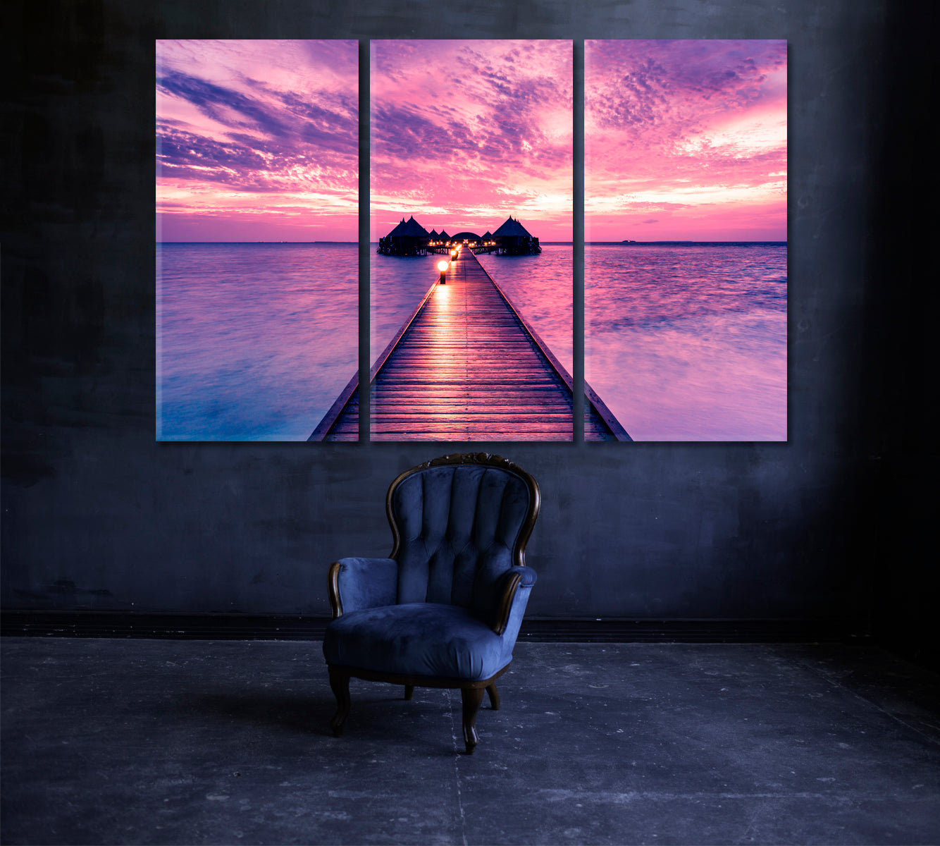 Purple Sunset in Maldives Canvas Print ArtLexy 3 Panels 36"x24" inches 
