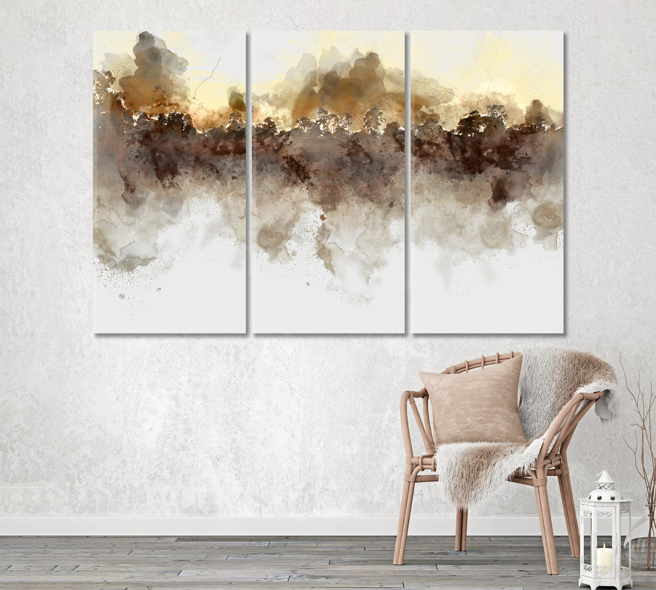 Abstract Watercolor Landscape with Trees Canvas Print ArtLexy 3 Panels 36"x24" inches 