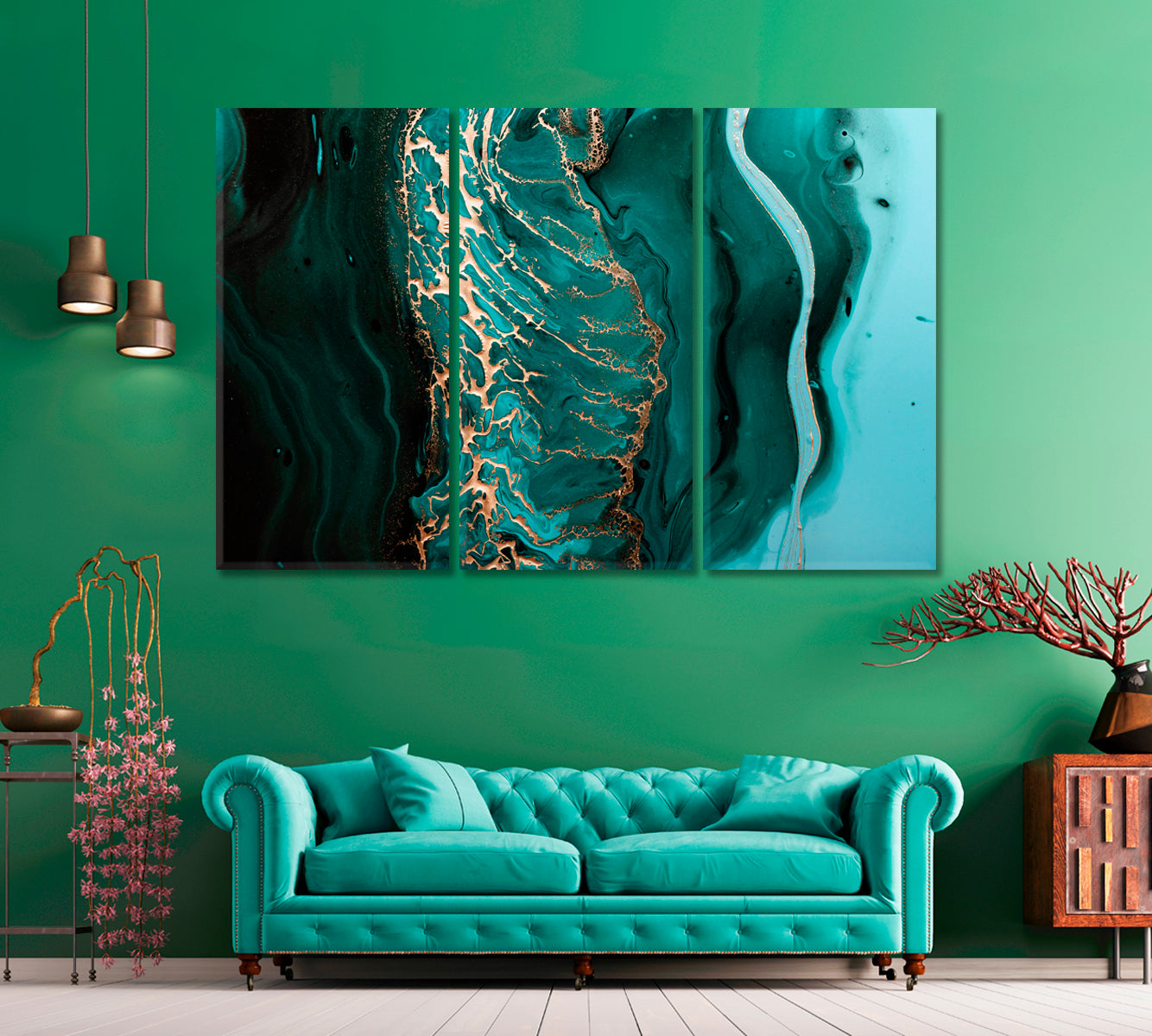 Abstract Green Waves with Gold Swirls Canvas Print ArtLexy 3 Panels 36"x24" inches 