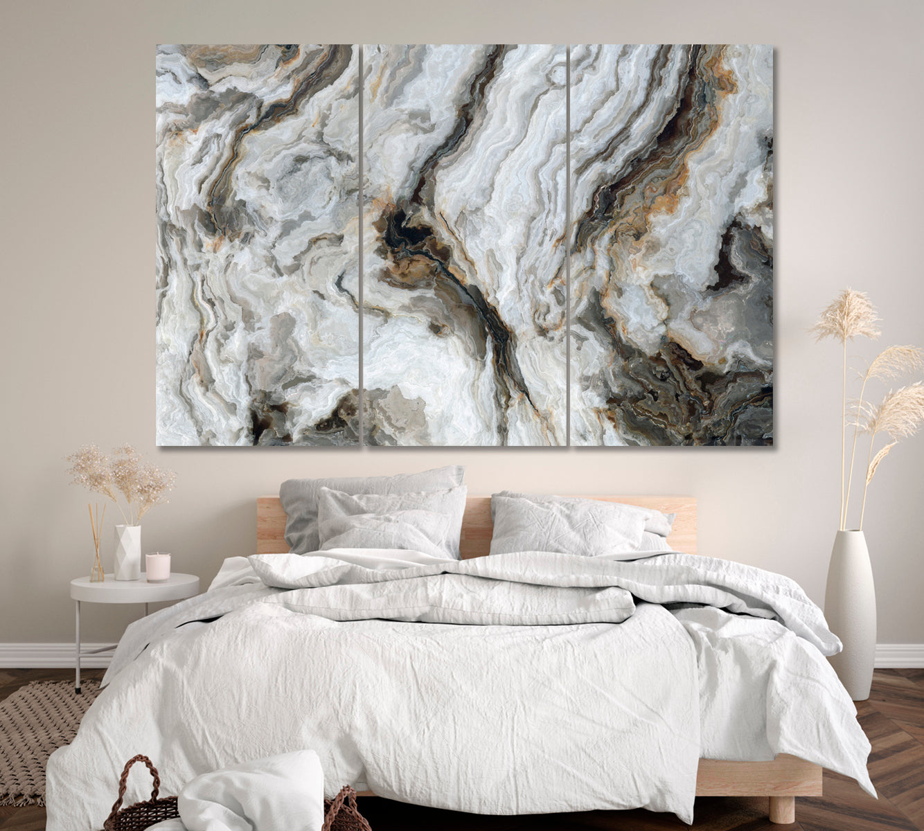 Abstract Marble with Curly Grey Veins Canvas Print ArtLexy 3 Panels 36"x24" inches 