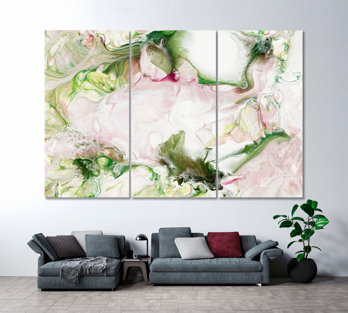 Green and Pink Abstract Composition Canvas Print ArtLexy 3 Panels 36"x24" inches 