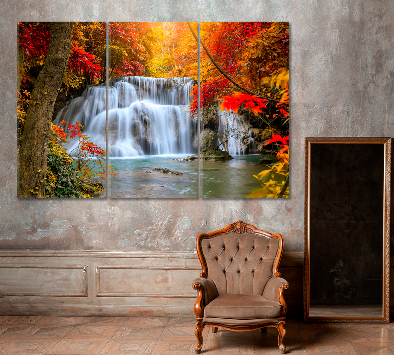 Huai Mae Khamin Cascading Waterfall Thailand Canvas Print ArtLexy 3 Panels 36"x24" inches 