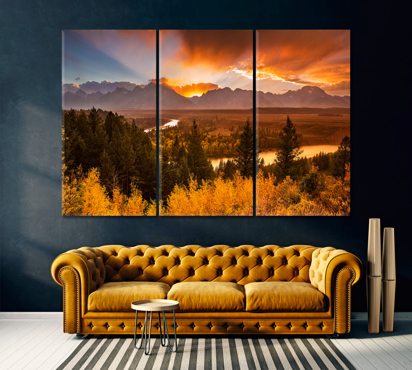 Teton Range and Snake River Wyoming Canvas Print ArtLexy 3 Panels 36"x24" inches 