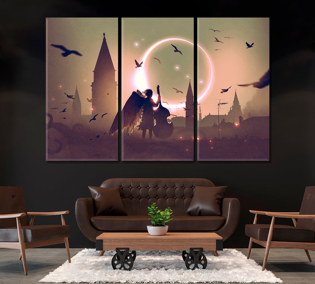 Angel Playing Cello Canvas Print ArtLexy 3 Panels 36"x24" inches 