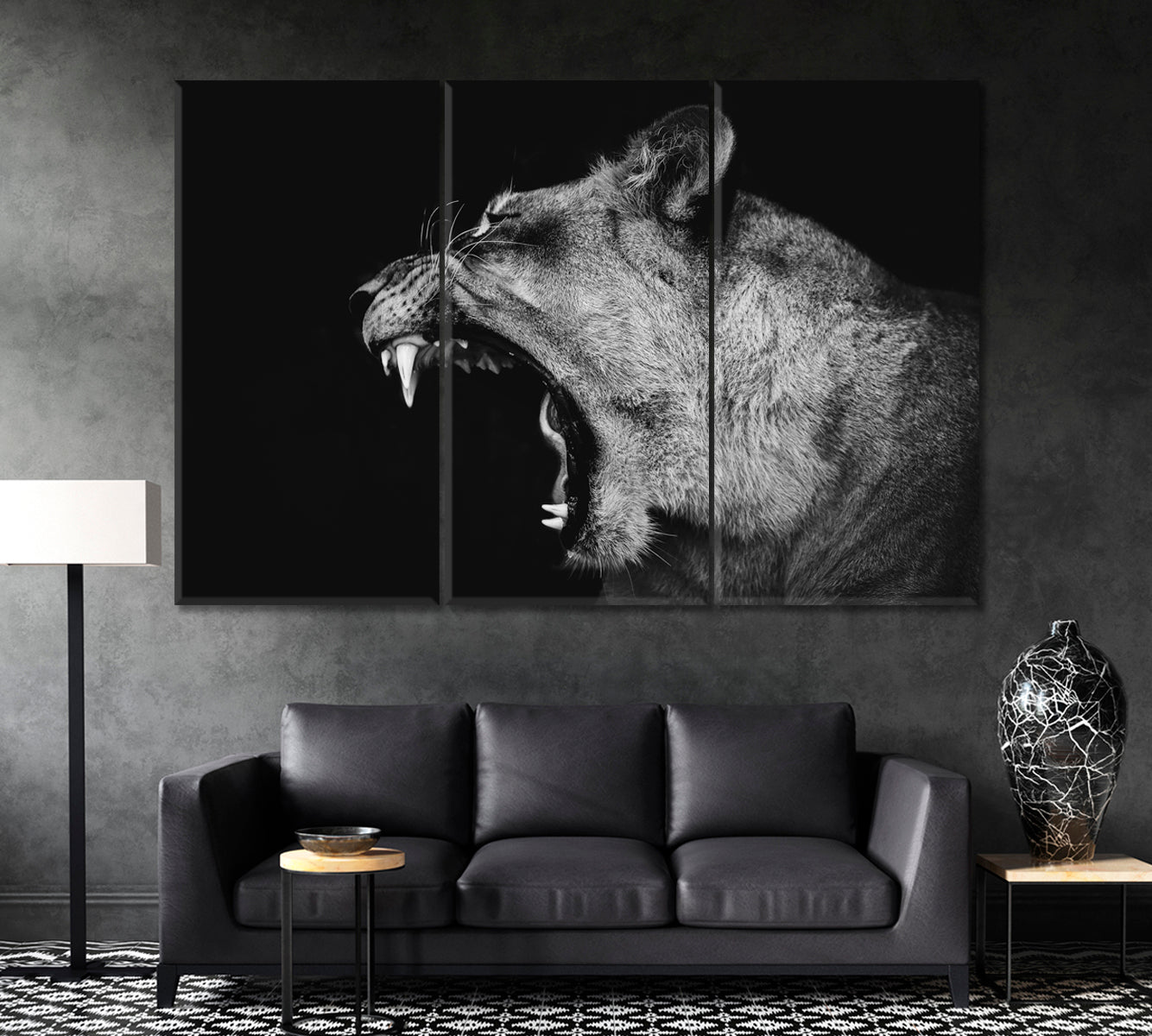 Yawning Lion Canvas Print ArtLexy 3 Panels 36"x24" inches 